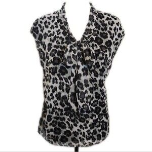 New York and Company sleeveless tie neck blouse, black back animal print front S